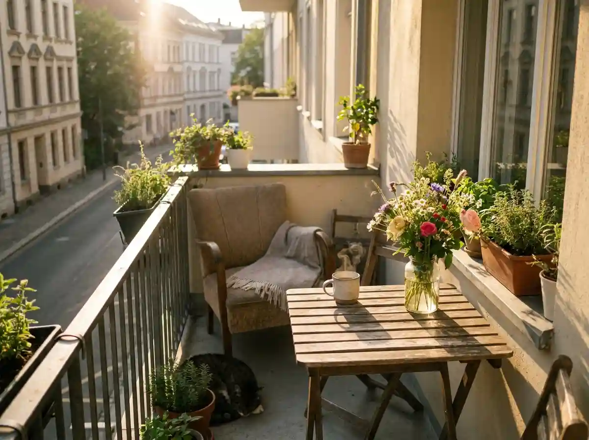 A peaceful, sunlit balcony with a cup of coffee