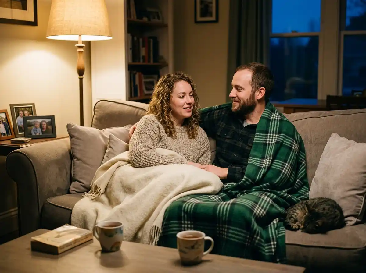 Two people sitting on a couch, talking softly and smiling