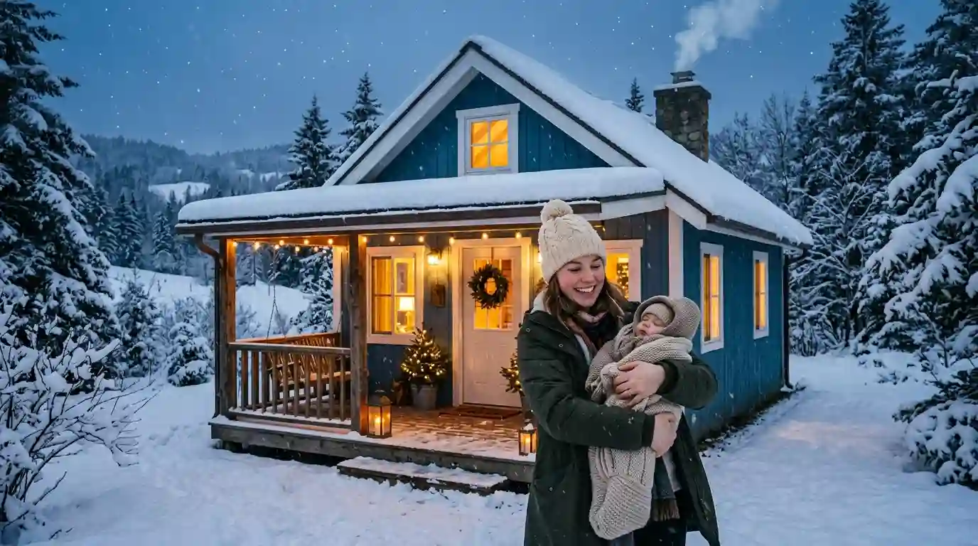 A smiling mother holding a baby on the porch of a cozy, snowy blue cottage