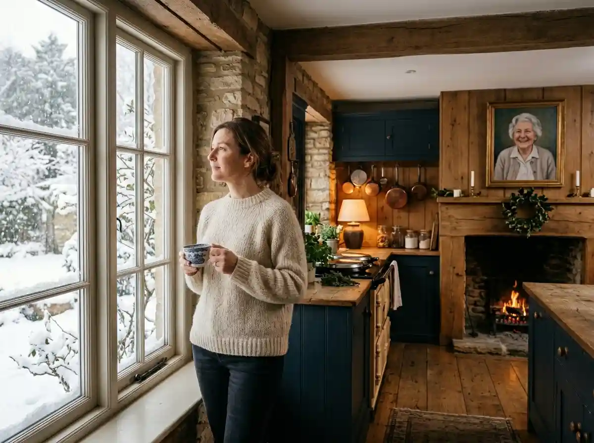 A woman holding a teacup looking out a window at falling snow in a cozy kitchen