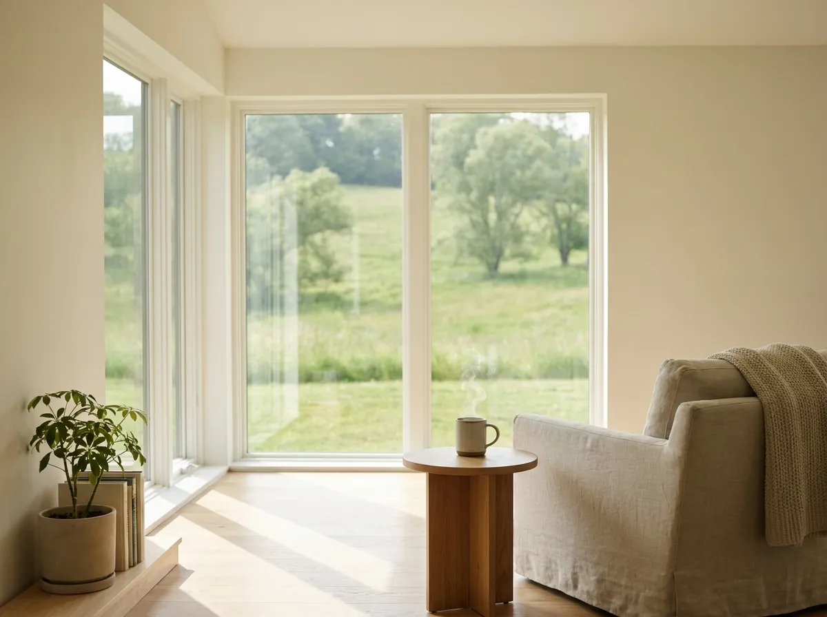 A serene and sunlit minimalist living room with a view of nature