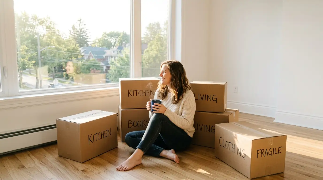 Emily smiling while drinking coffee in her new, empty apartment surrounded by boxes