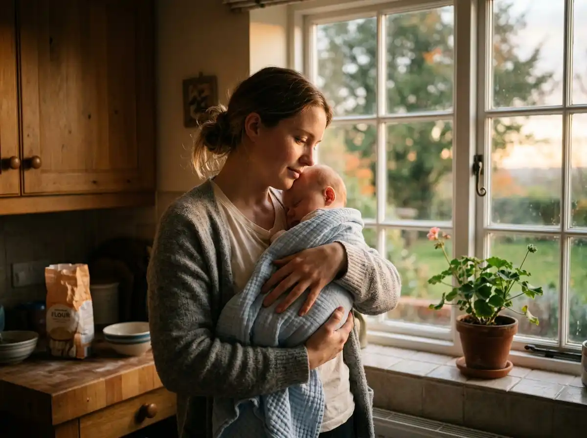 A young mother holding her baby in a sunlit kitchen at sunrise