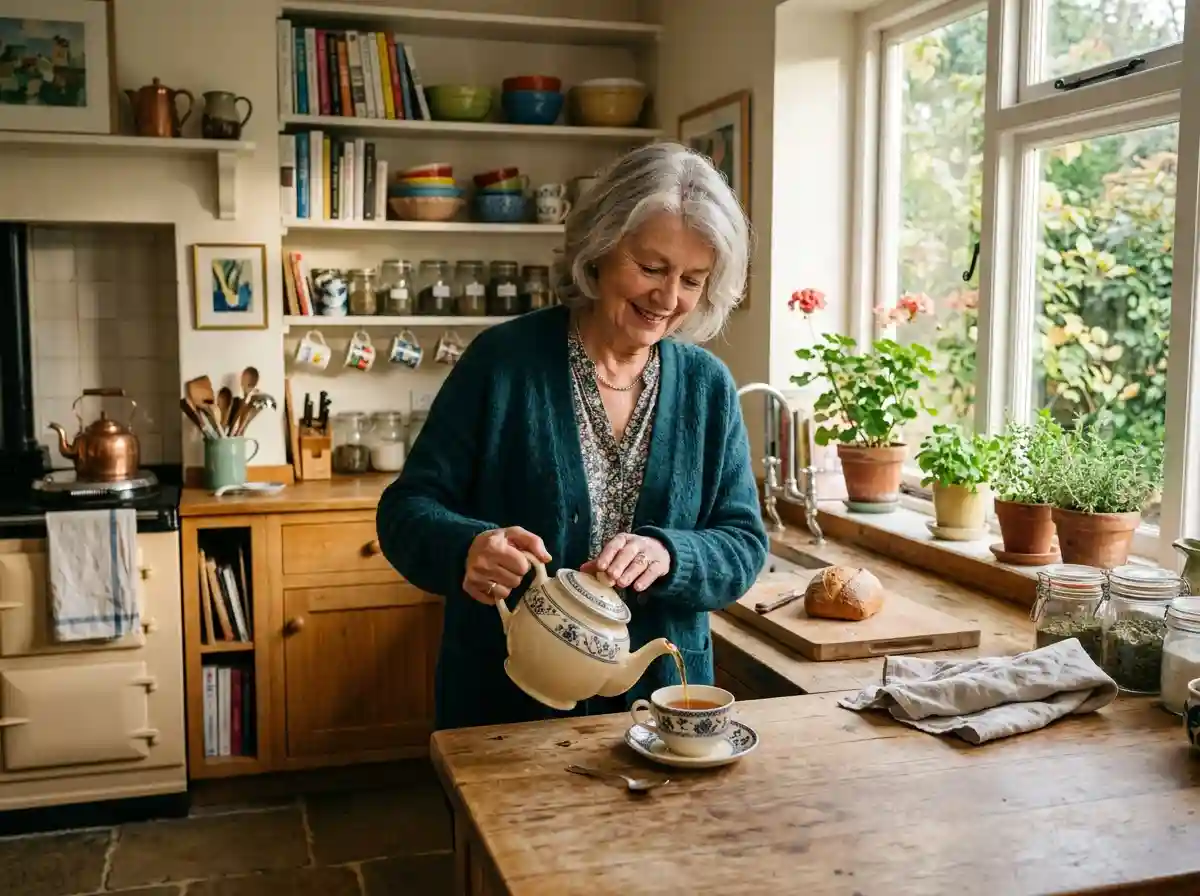 A vibrant older woman smiling while pouring tea in her own sunlit kitchen