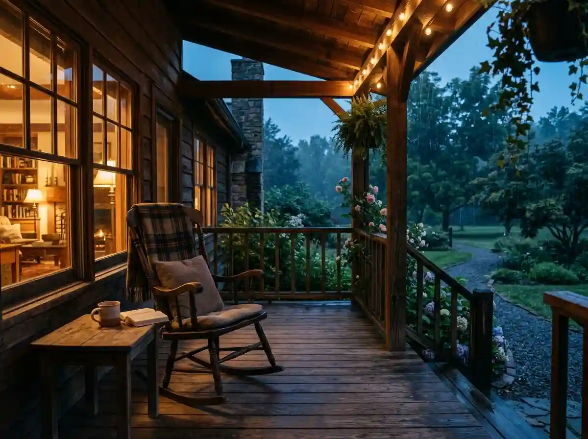 A peaceful porch with a rocking chair looking out at the rain