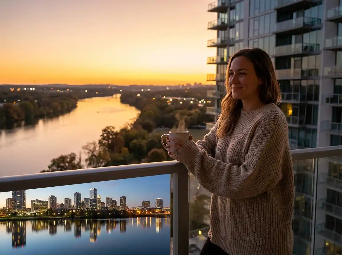 A woman looking out over a peaceful river from a high-rise balcony at sunset