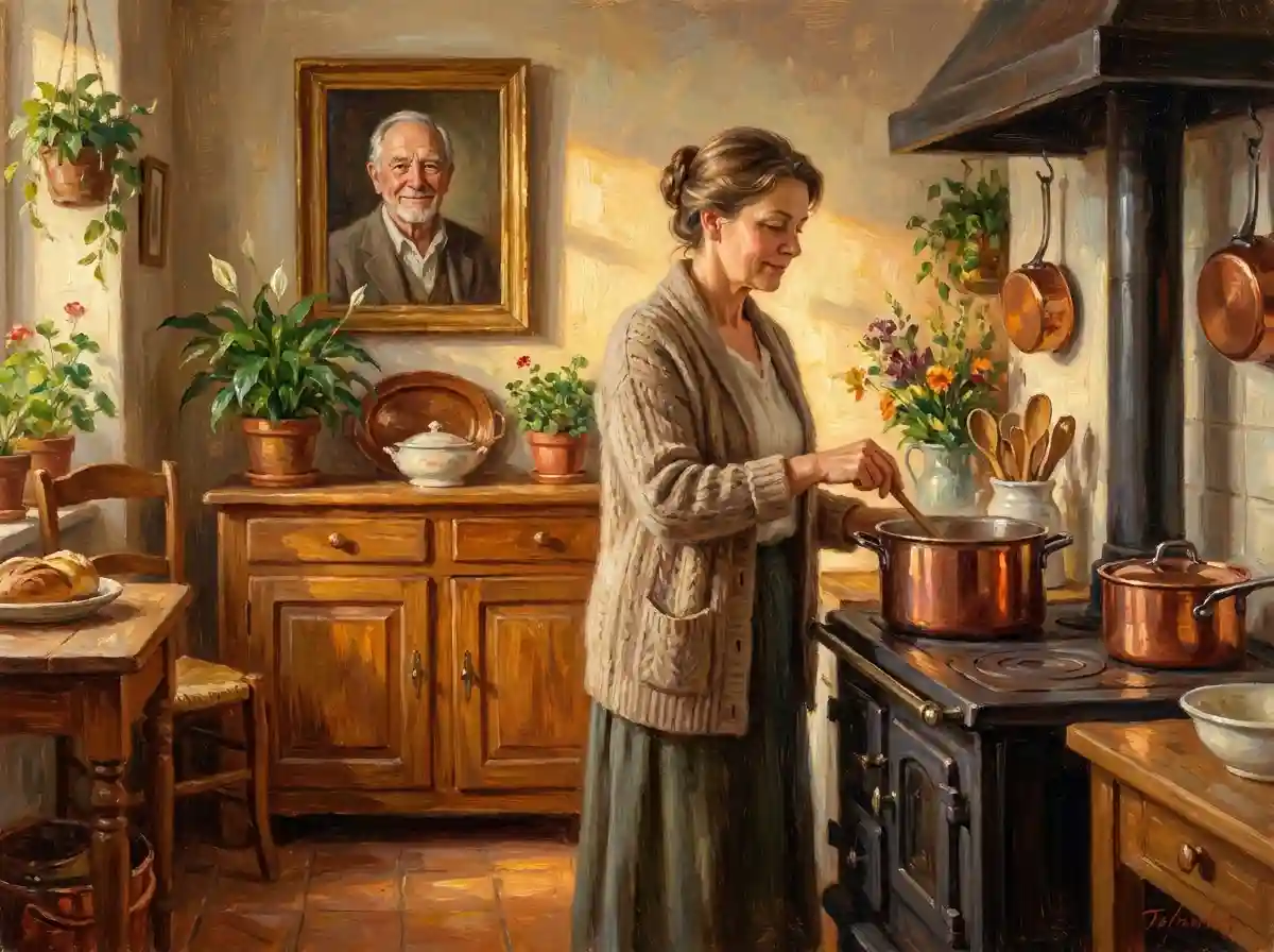 A serene woman cooking soup in a beautifully restored kitchen, at peace.