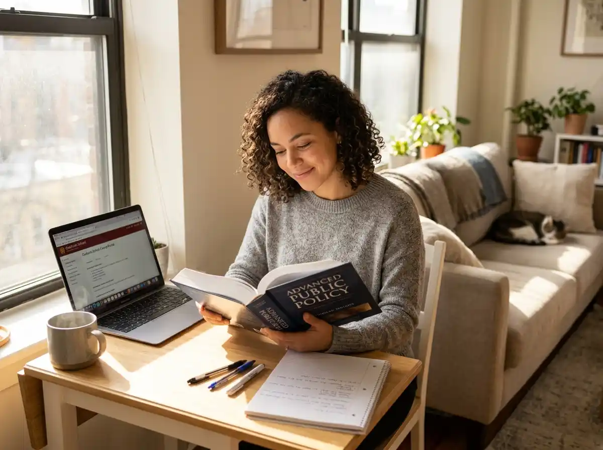 A woman studying peacefully in a bright, cozy studio apartment