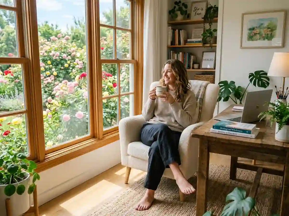 A woman sitting comfortably in a sunlit home office, looking out at blooming roses