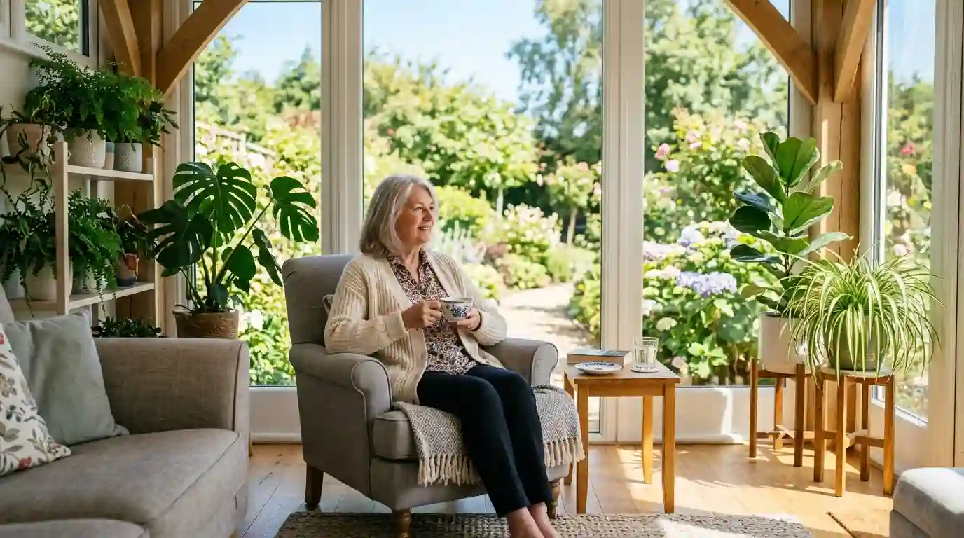 An older woman sitting peacefully in a bright, beautifully decorated sunroom with a cup of tea