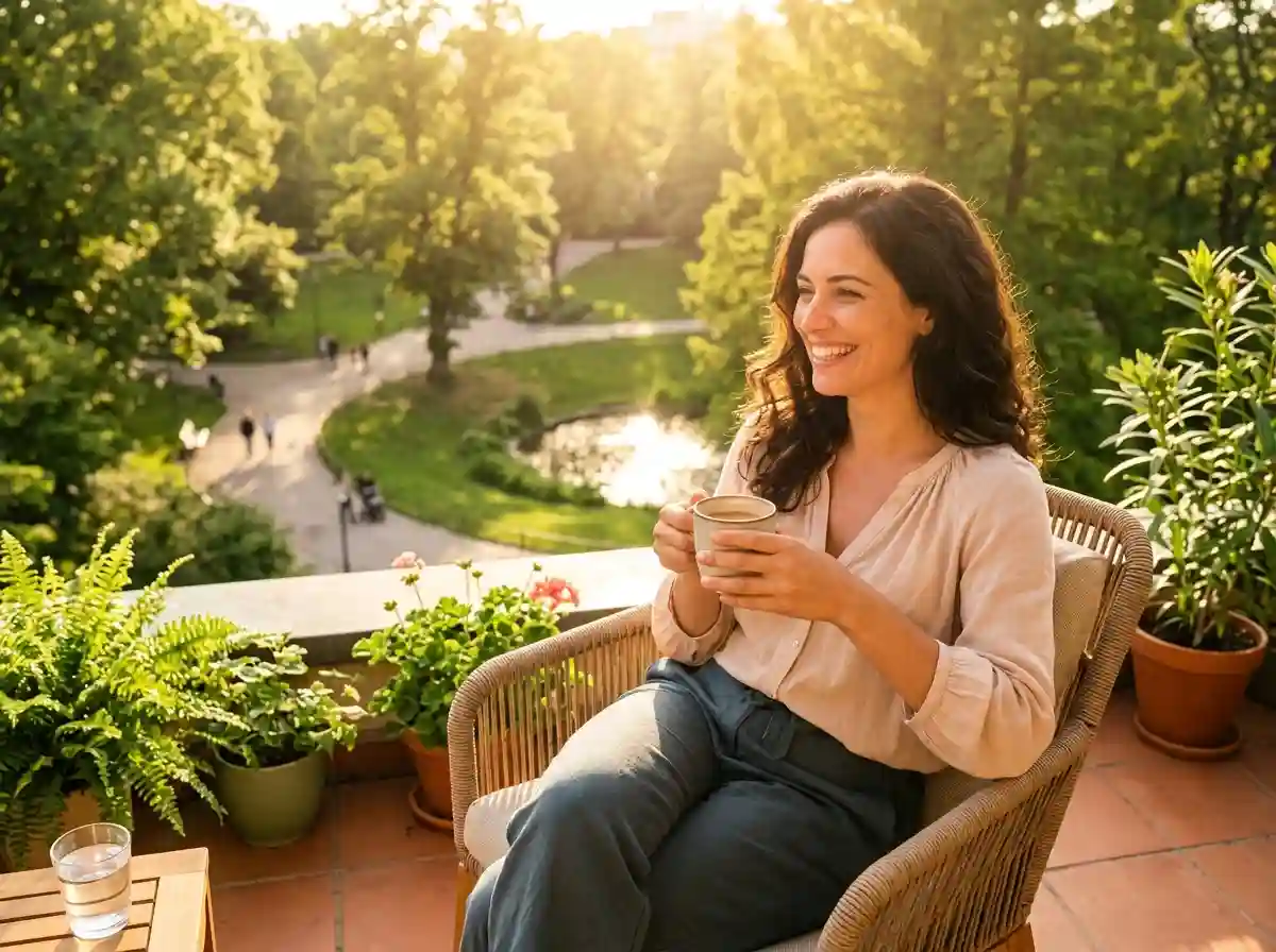 A woman sitting on a sunlit terrace with a cup of coffee, looking peaceful