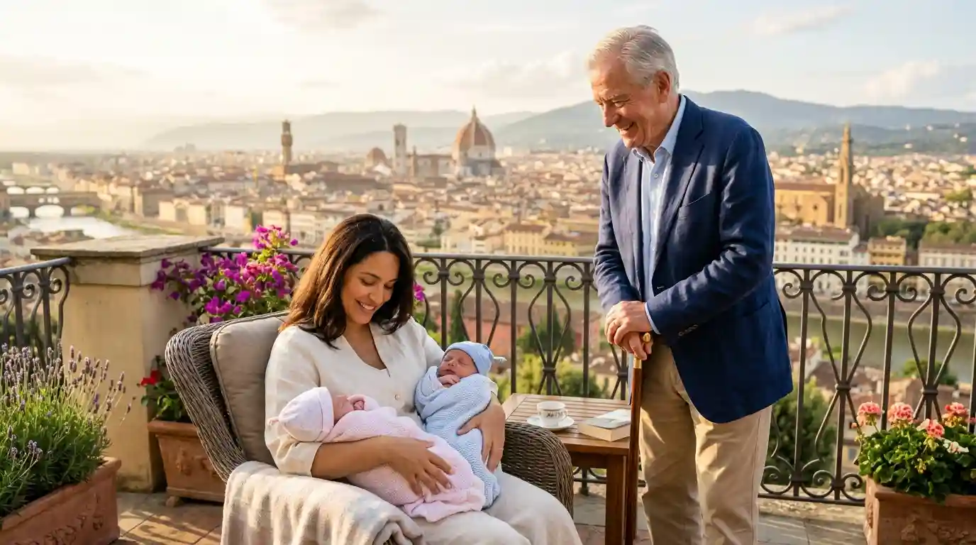 Mara on the balcony with her twins and General Thorn