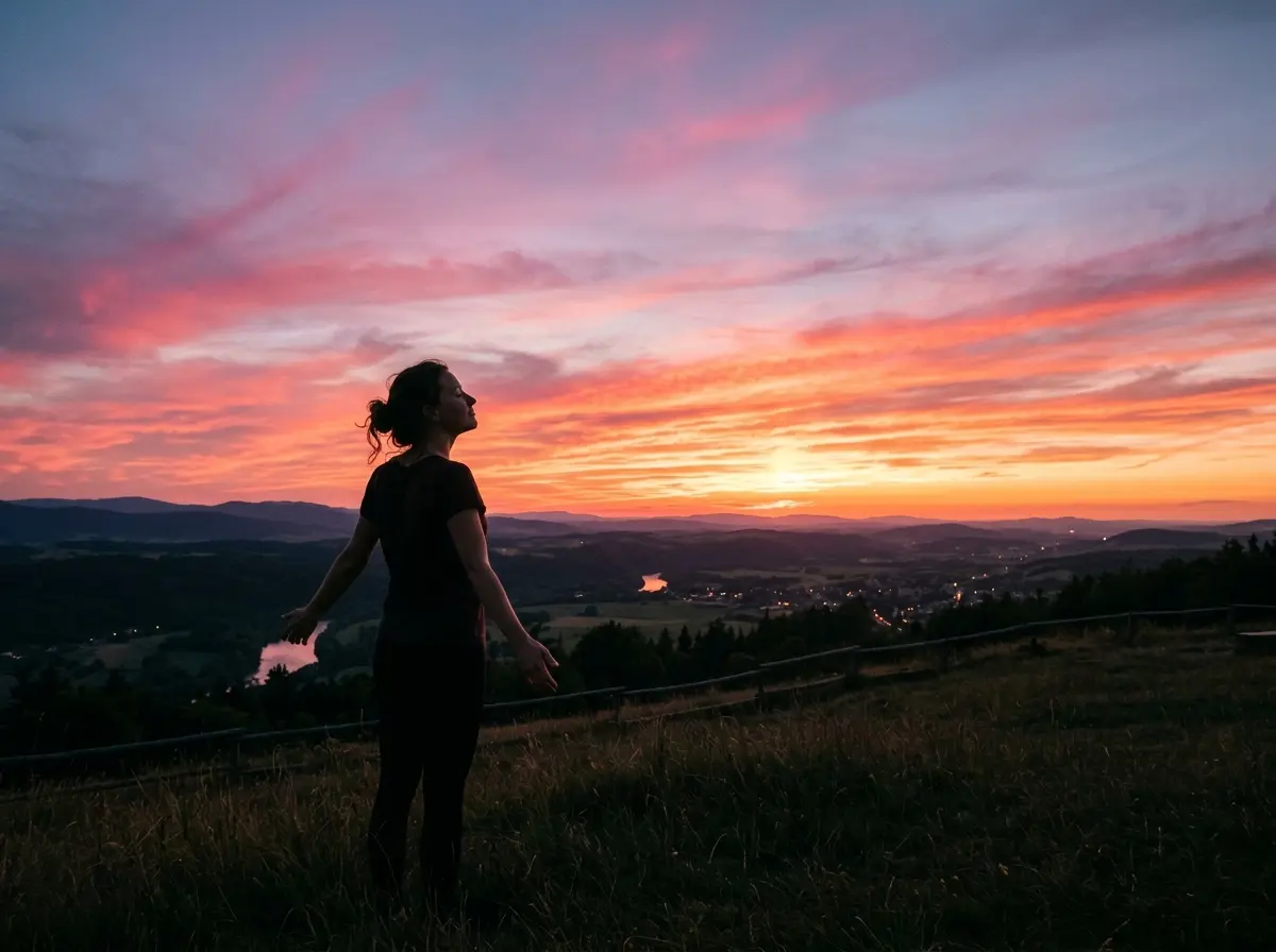 A person standing peacefully looking at a beautiful sunset, feeling free