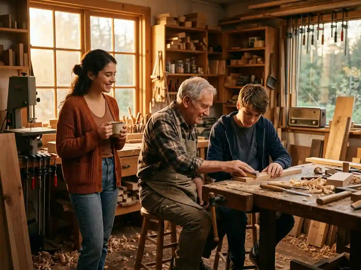 An elderly man teaching a teenager woodworking in a sunlit shop while a woman smiles