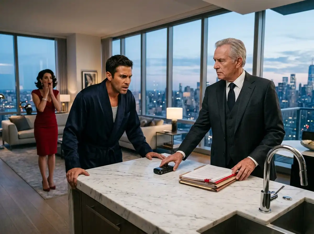 A realistic, cinematic photograph of an older investigator placing a voice recorder and legal documents onto a marble counter while a wealthy man looks panicked.