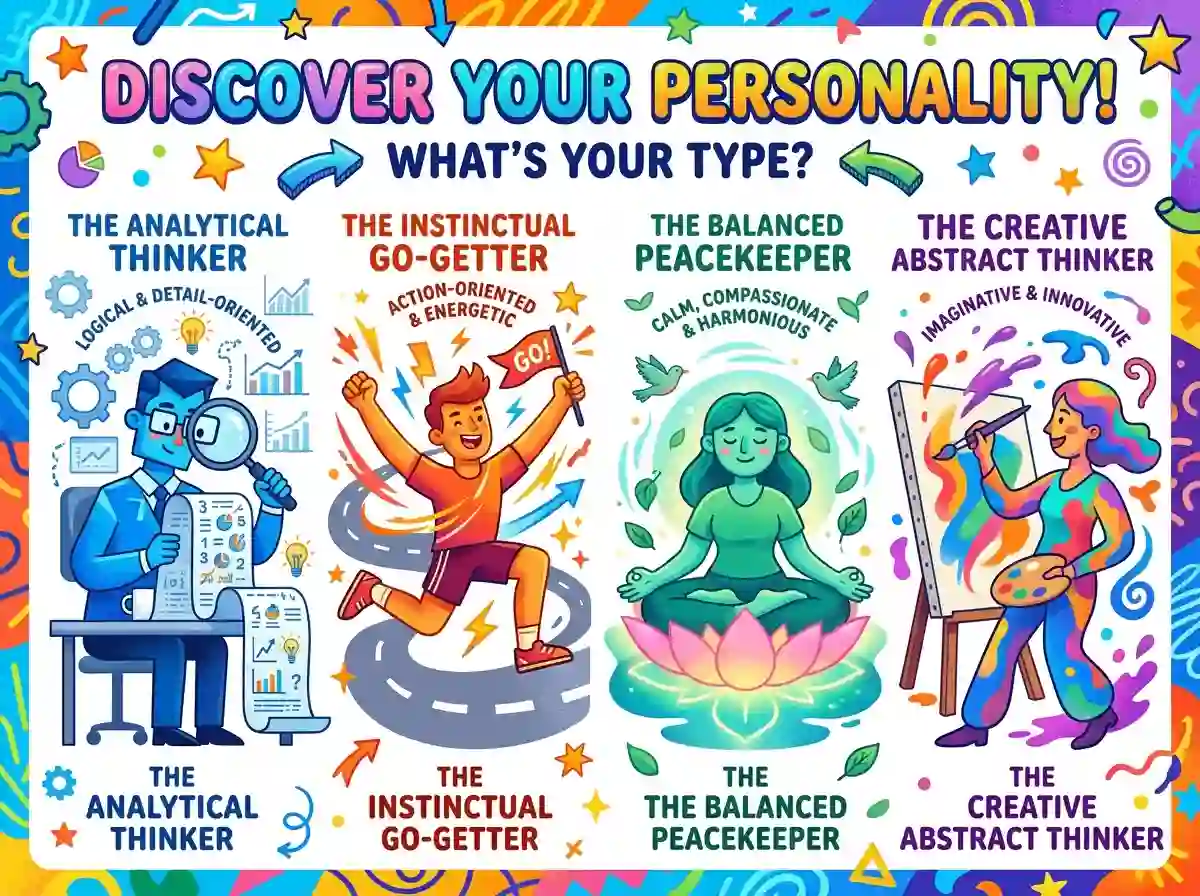 Four different abstract avatars representing analytical, instinctual, balanced, and creative personality types.