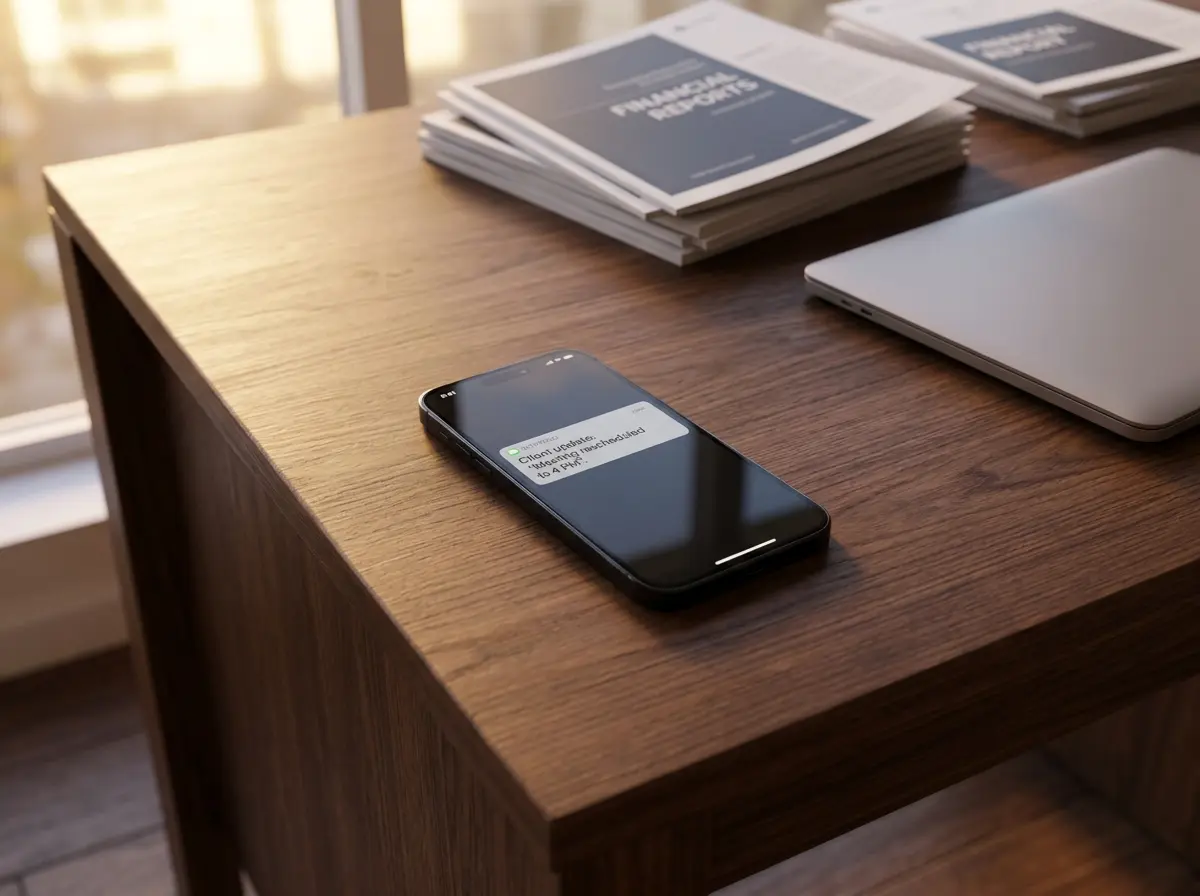 A glowing smartphone resting on a wooden office desk bathed in afternoon sunlight