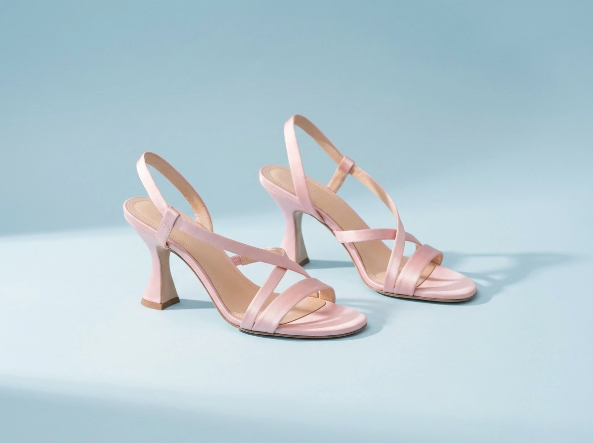 Delicate pink strappy heels with a modern flared heel