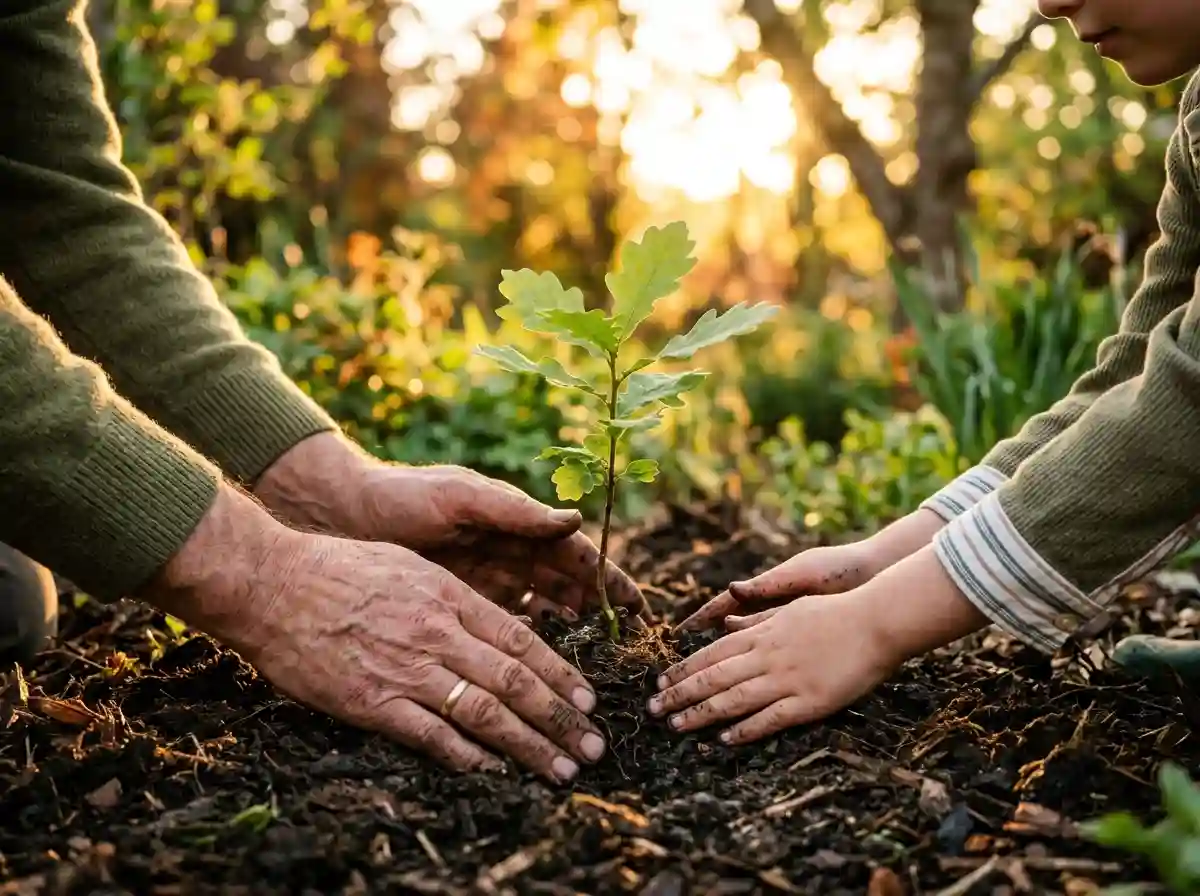 Two pairs of hands gently planting a young green sapling in sunlit soil