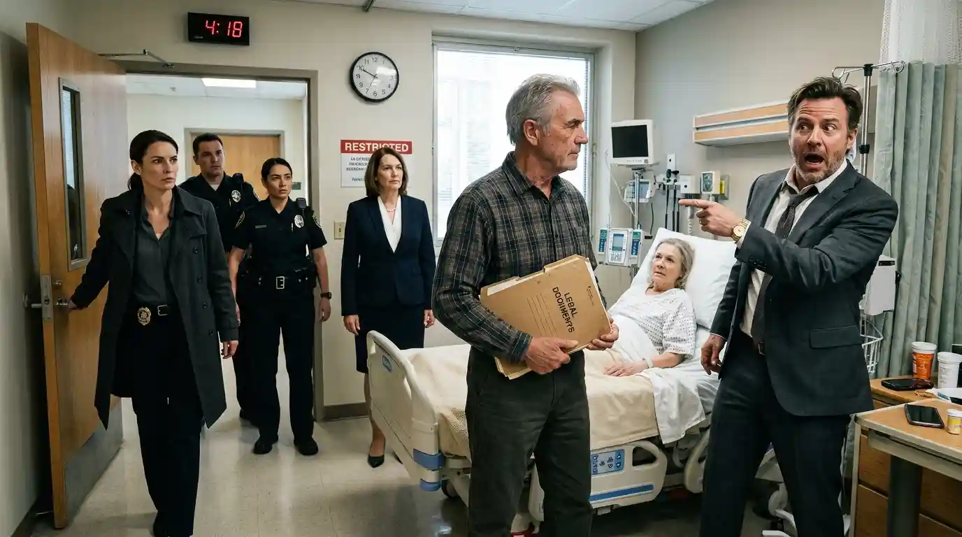 Police officers and a detective confronting a panicked man in a hospital room while a judge watches