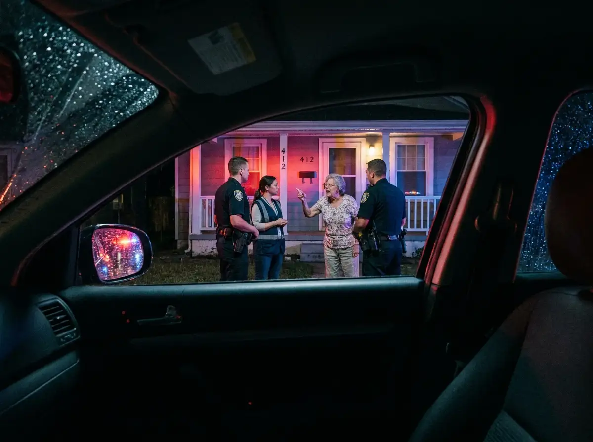 Police lights flashing onto a suburban porch where officers confront an angry family.