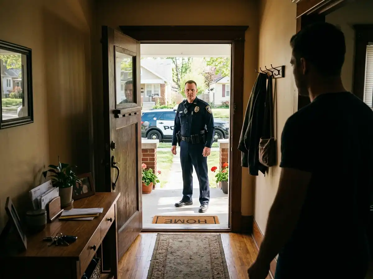 Evan looking through his doorway at a serious police officer standing on his porch in the morning sun
