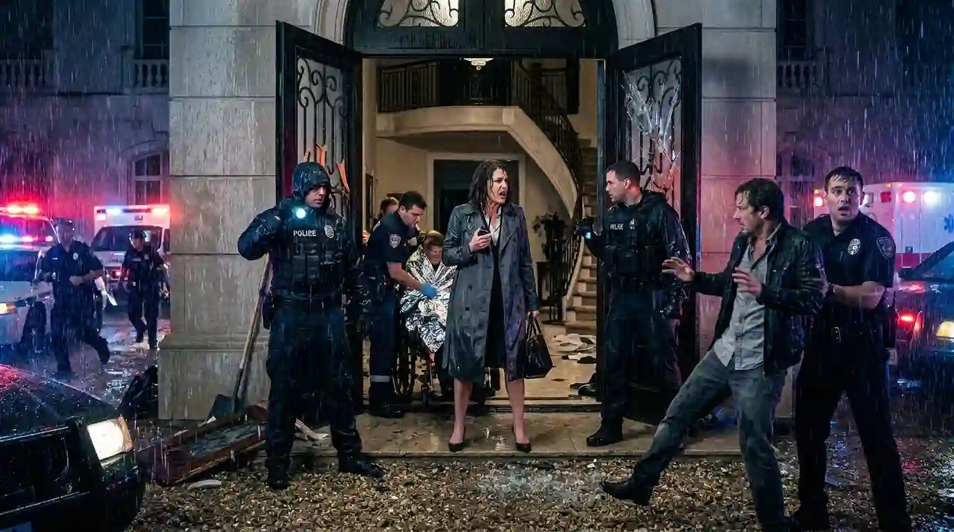 Police and Miriam Vale bursting through the mansion doors in the rain