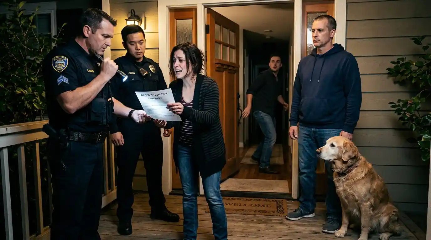 Police officers shining a flashlight on a forged legal document while the cheating wife looks terrified