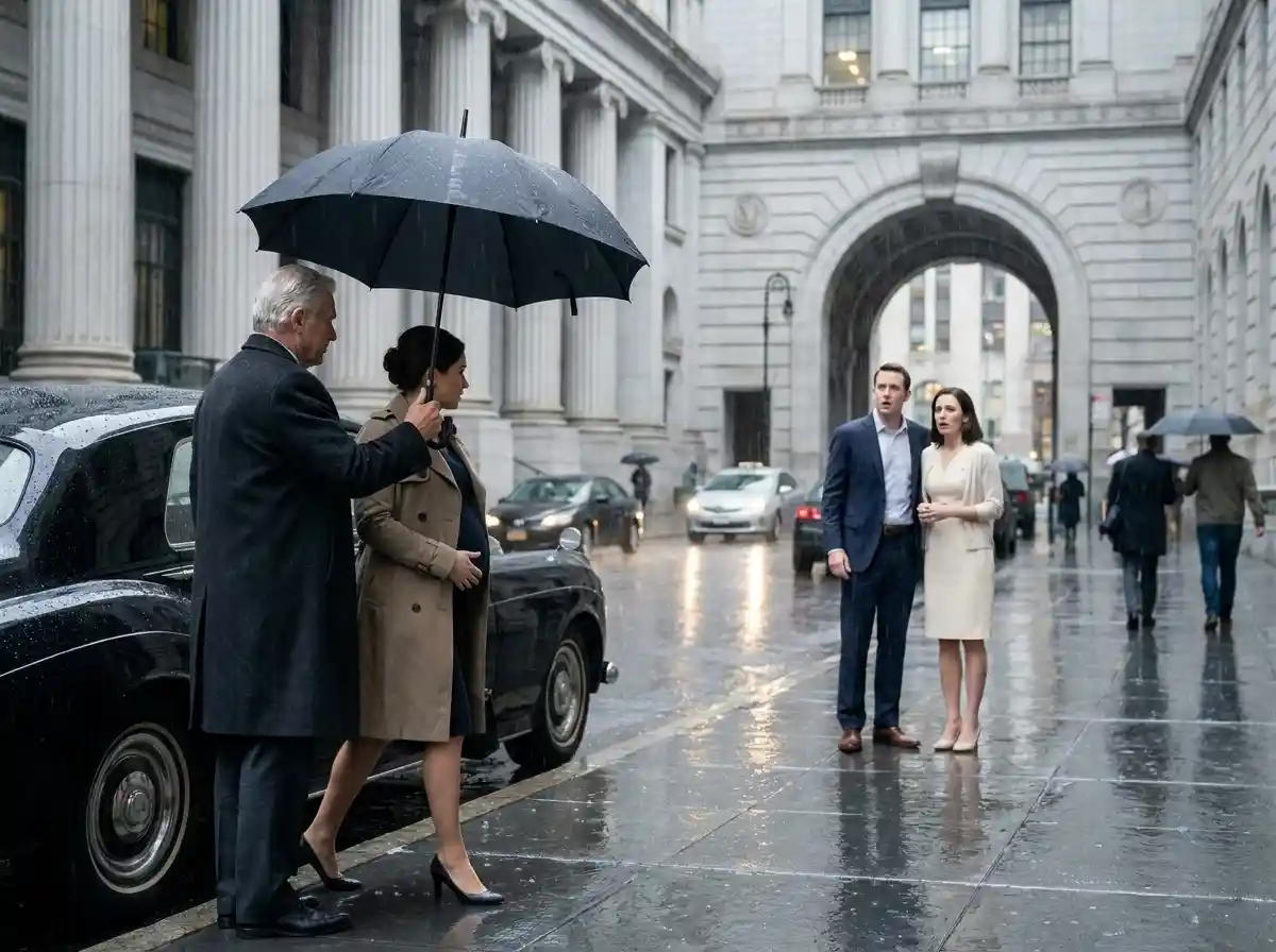 A powerful older man arriving in a luxury car outside a courthouse in the rain