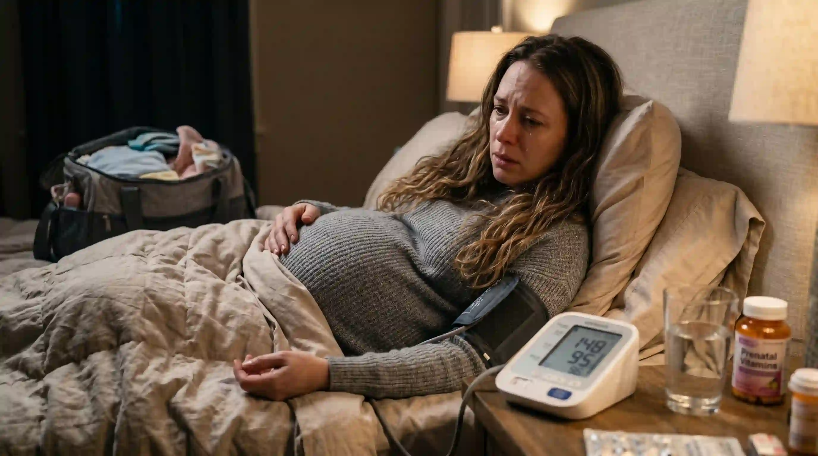 Heavily pregnant woman looking worried while on bed rest