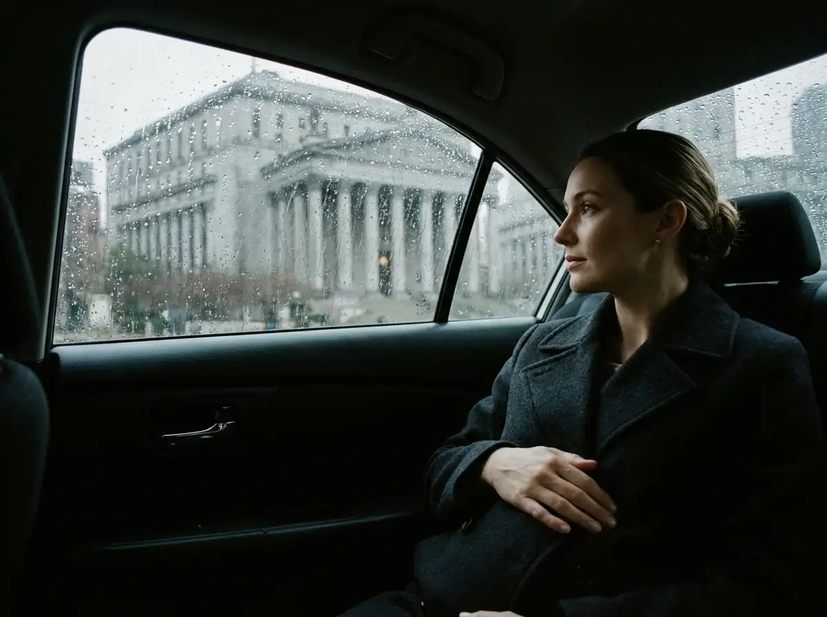 A pregnant woman sitting calmly in a car looking at a courthouse in the rain