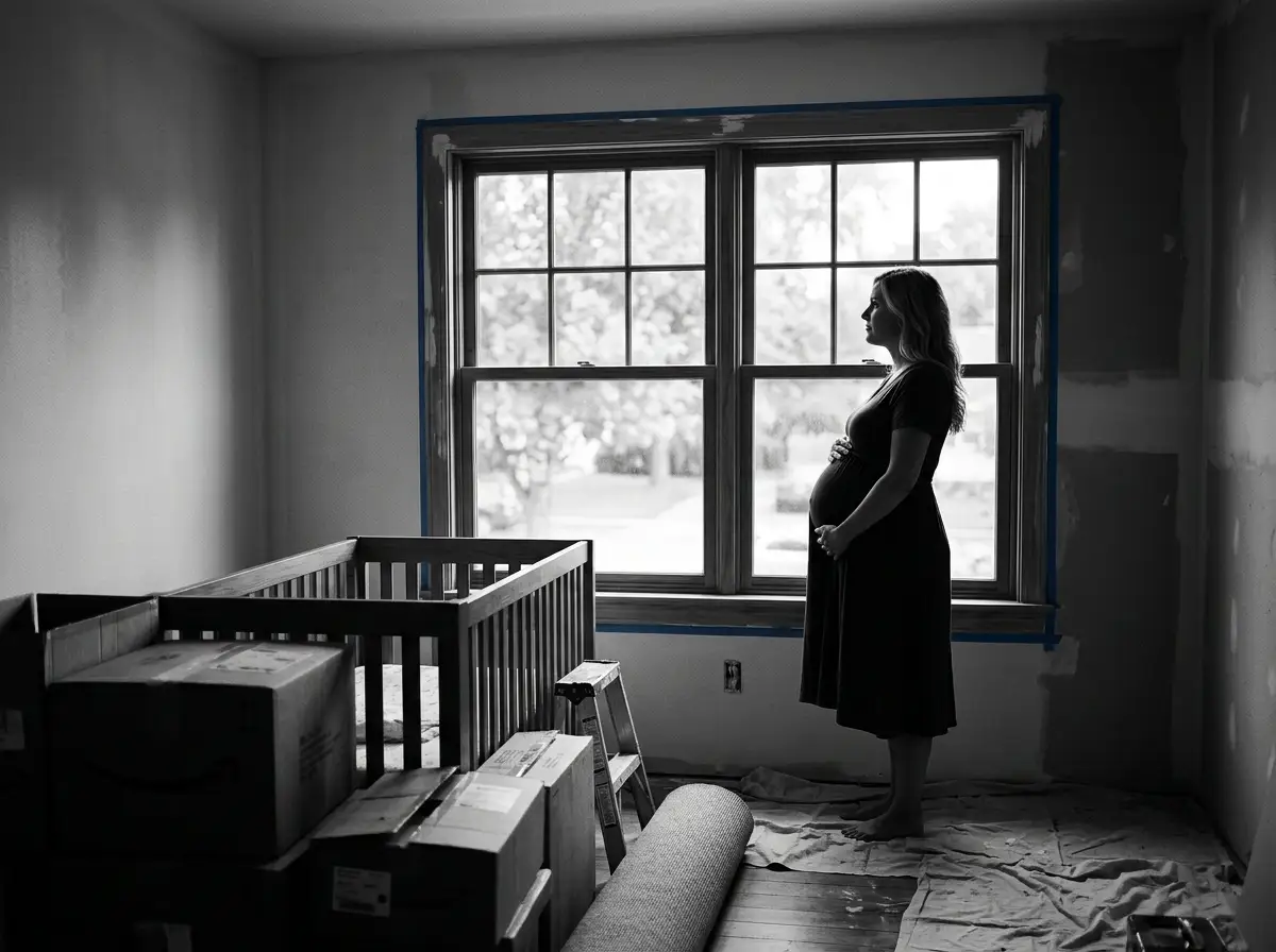 A pregnant woman standing alone by a window, looking out with determination