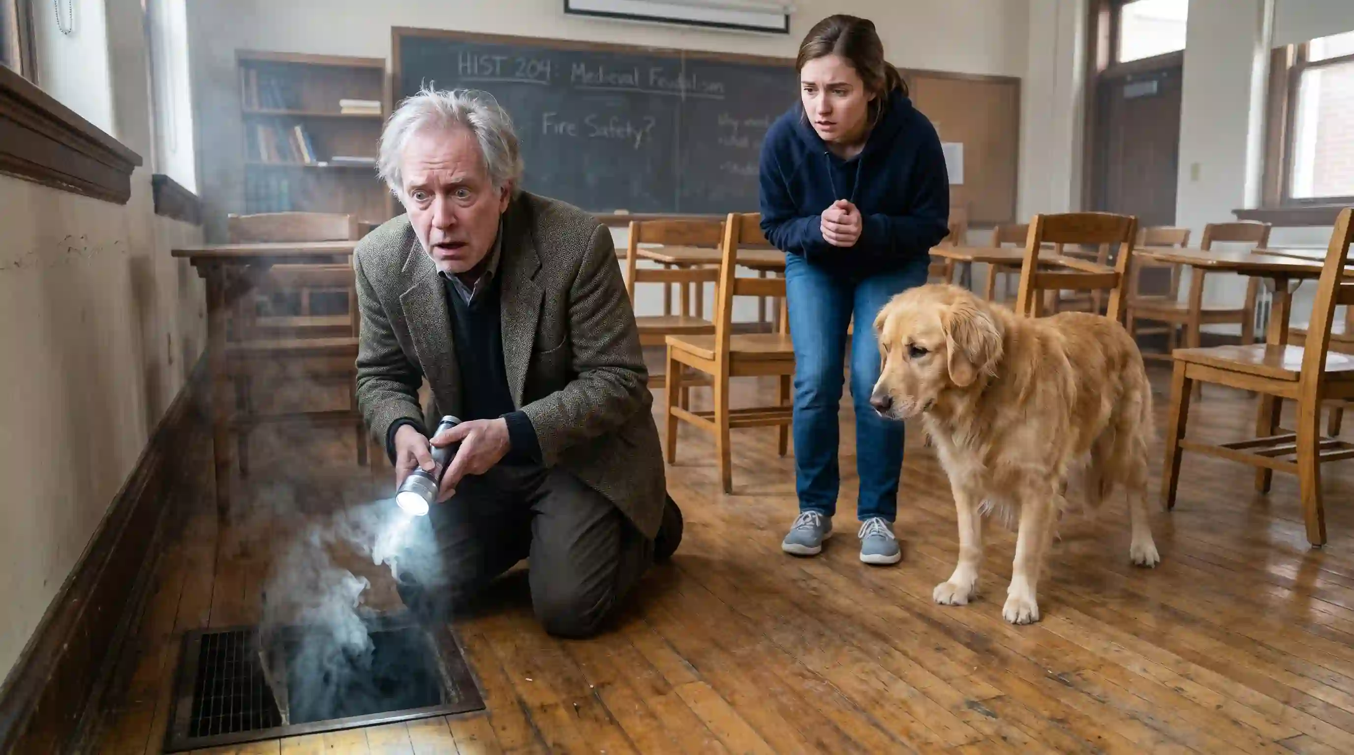 Professor Harrison shining a flashlight into a smoking floor vent while looking terrified