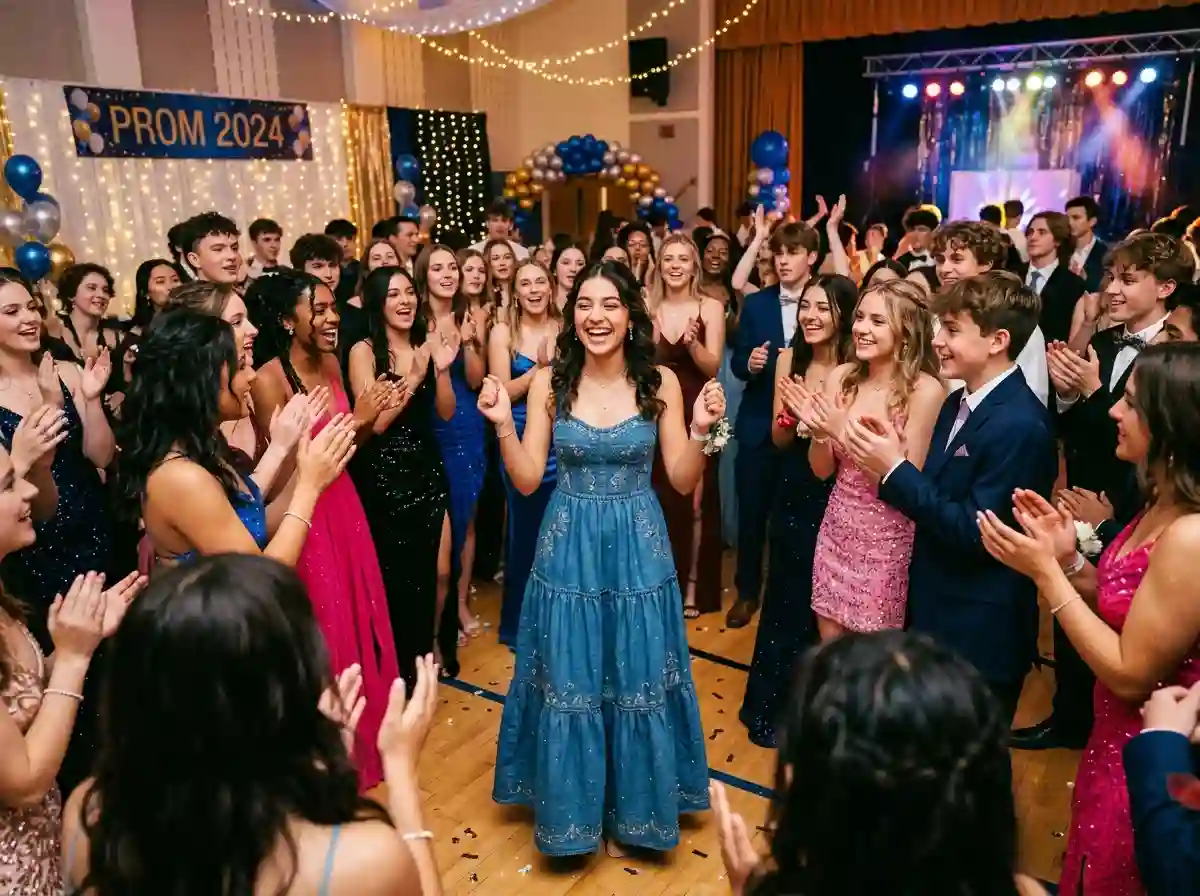 A confident girl at prom wearing a denim dress surrounded by smiling friends
