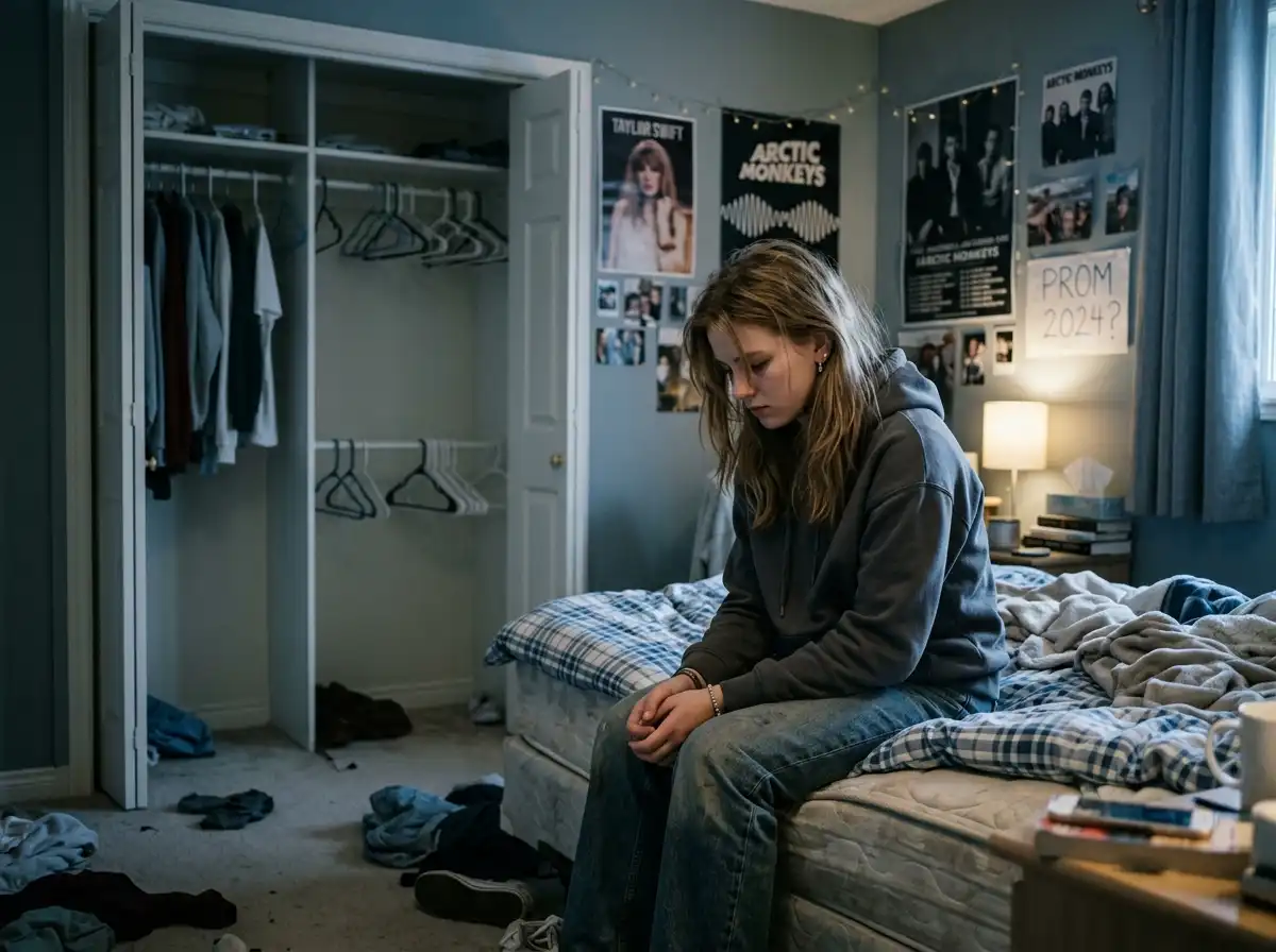 A teenage girl sitting on her bed feeling disappointed about missing prom