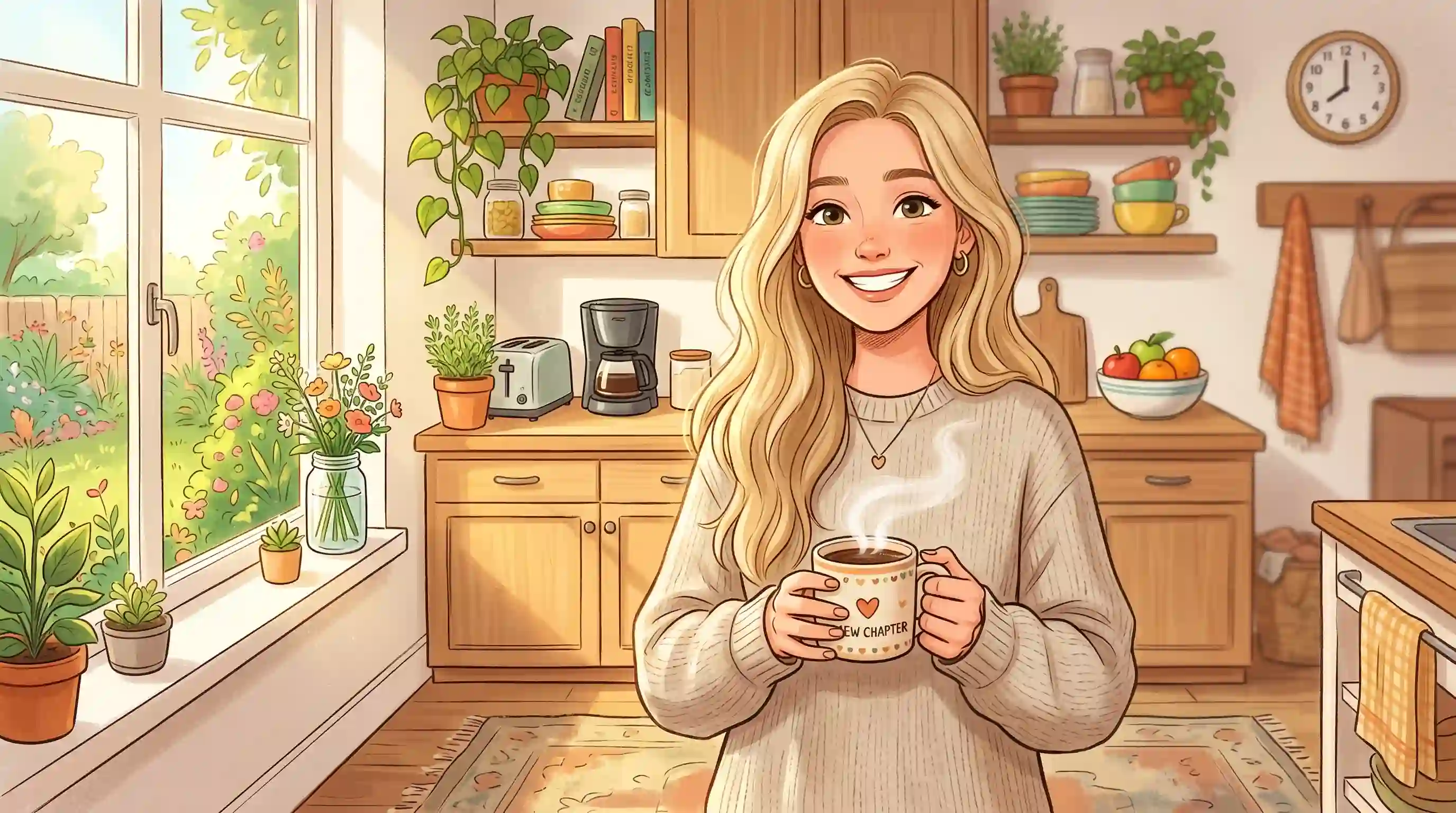 Young woman smiling proudly in the kitchen with a coffee mug