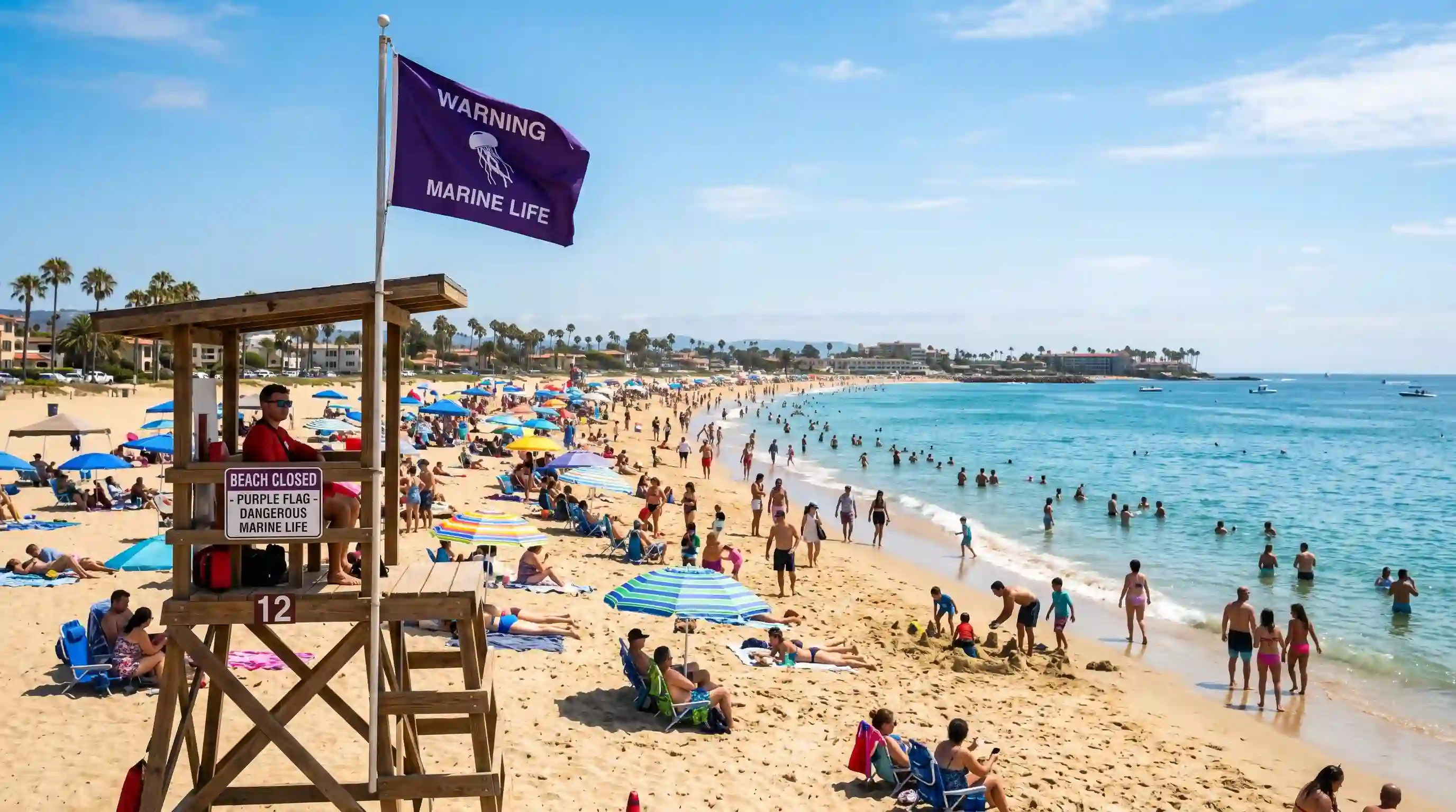 A purple warning flag flying on a sunny, crowded beach
