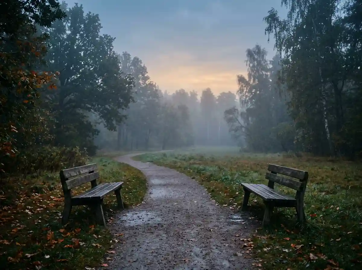 Two empty benches in a misty park representing fading connections