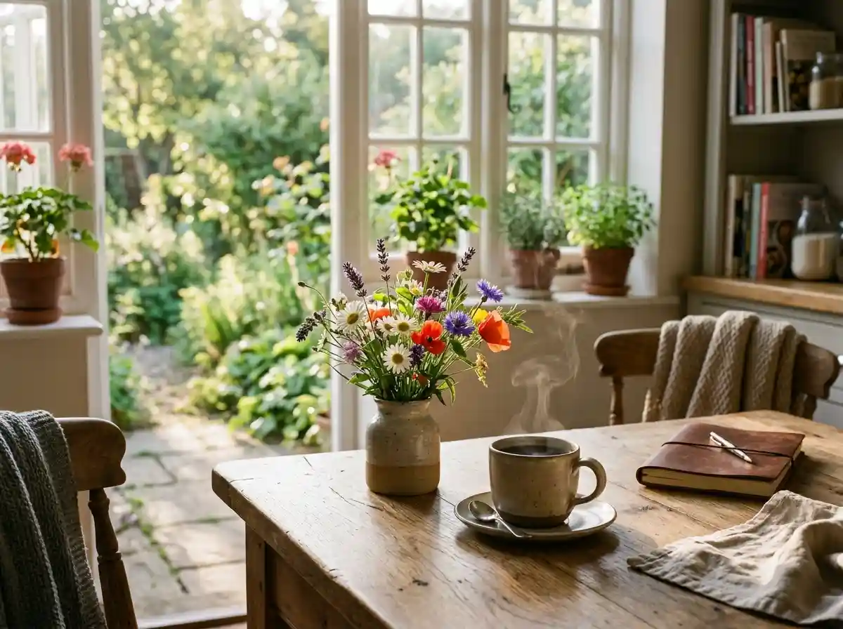 A warm cup of coffee and fresh flowers on a sunlit kitchen table