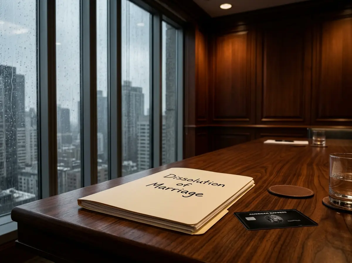 A moody conference room with rain on the windows and legal documents on the table