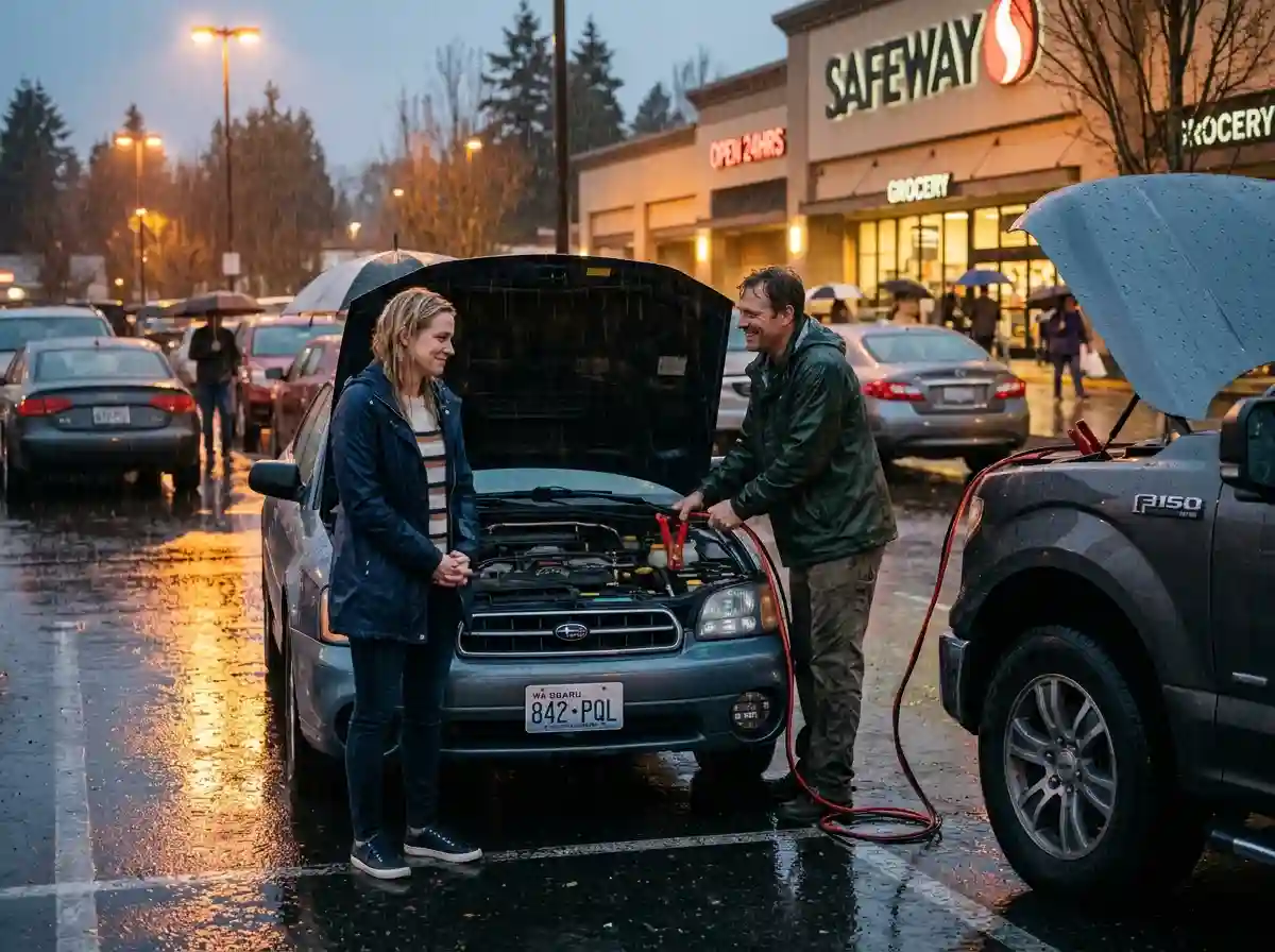 A kind man helping a woman jumpstart her car in the rain
