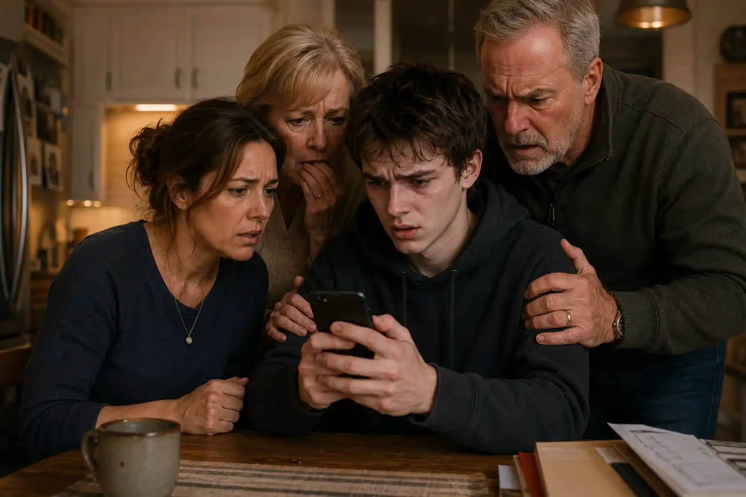 A family huddled around a smartphone reading a shocking message at the kitchen table