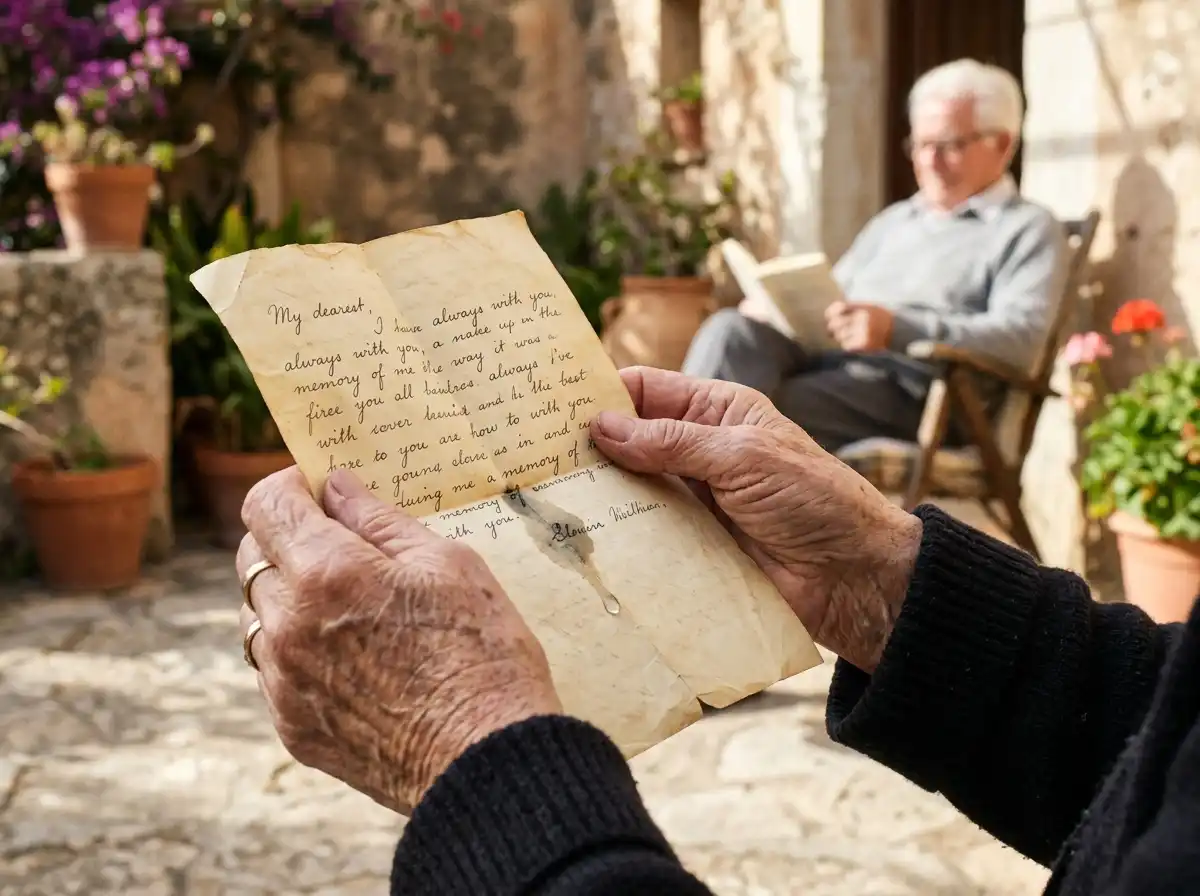 An older woman's trembling hands holding a handwritten letter with an old man in the background
