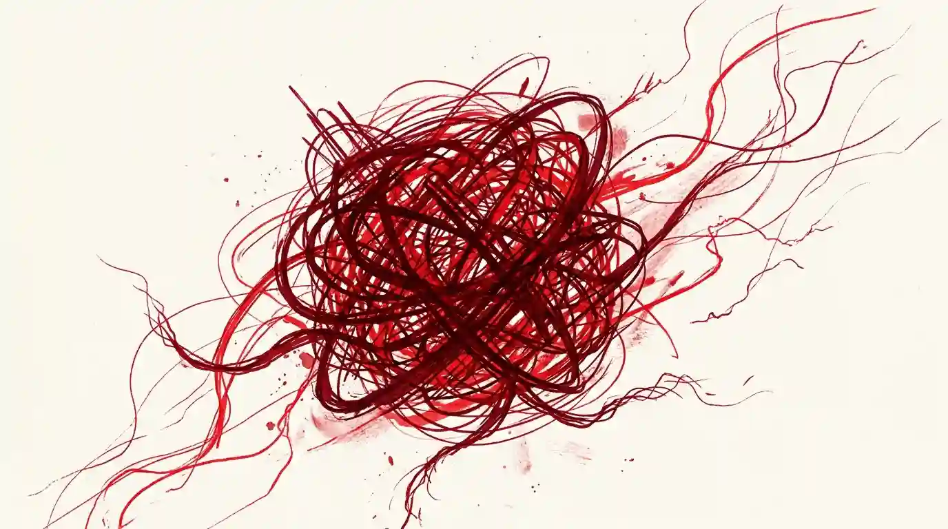 An abstract illustration of a tangled red knot of scribble lines unraveling