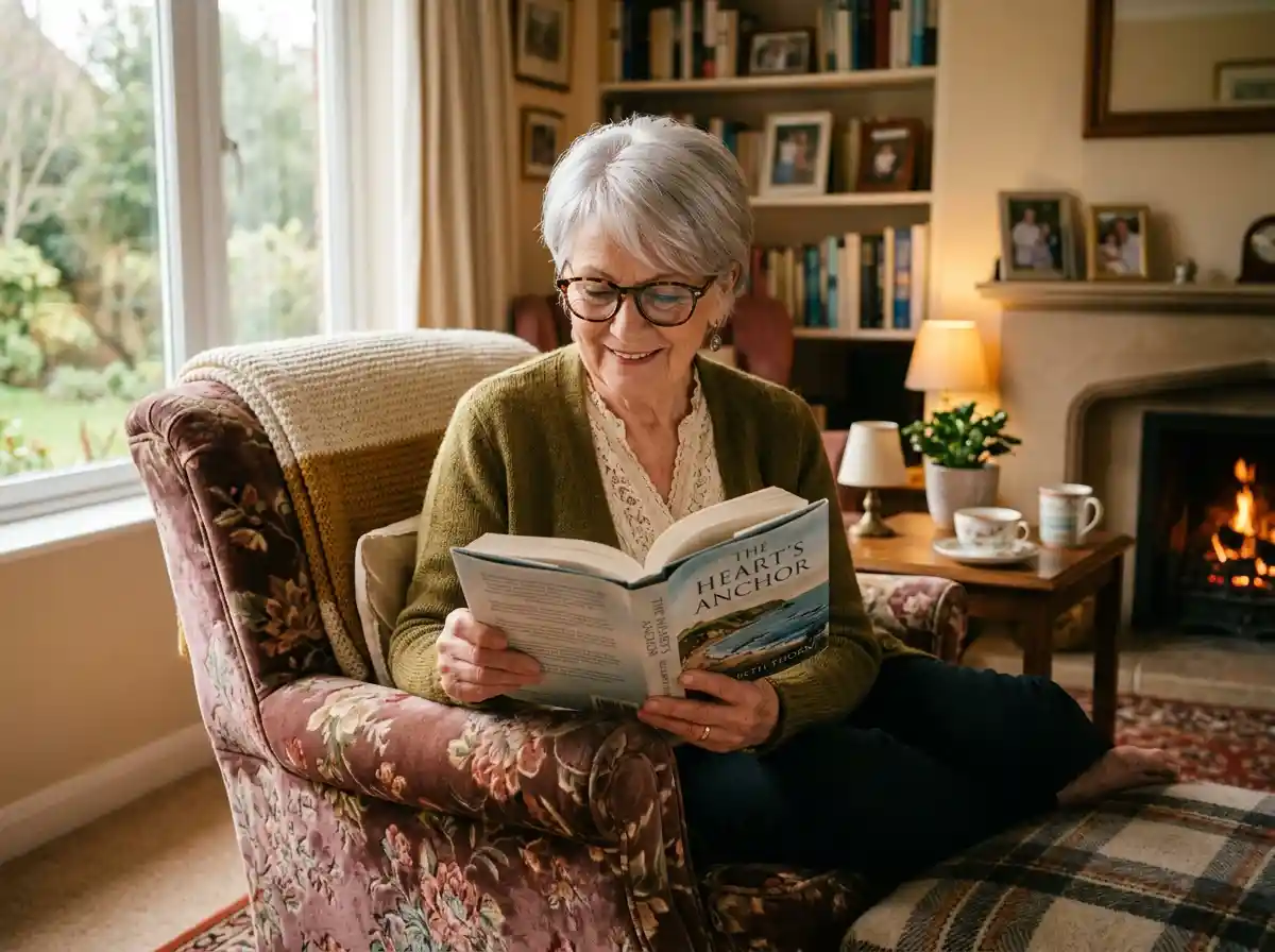 Evelyn sitting in an armchair, reading a book and relaxing