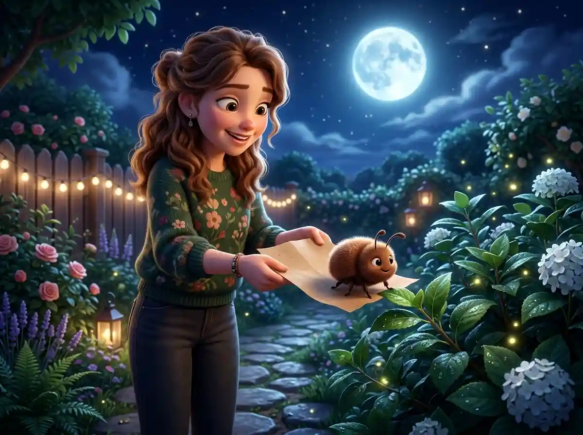 A 3D illustration of a woman smiling and releasing a beetle onto a bush outdoors at night