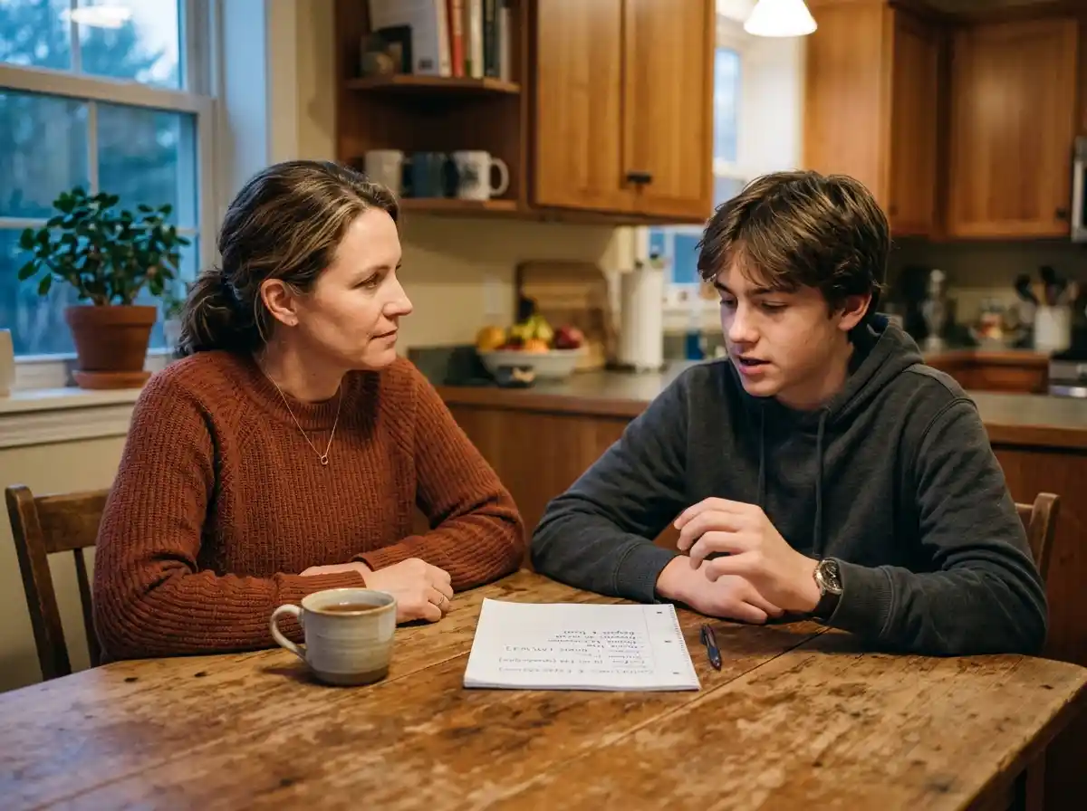 Mother and son sitting at a table having a calm, serious discussion about boundaries