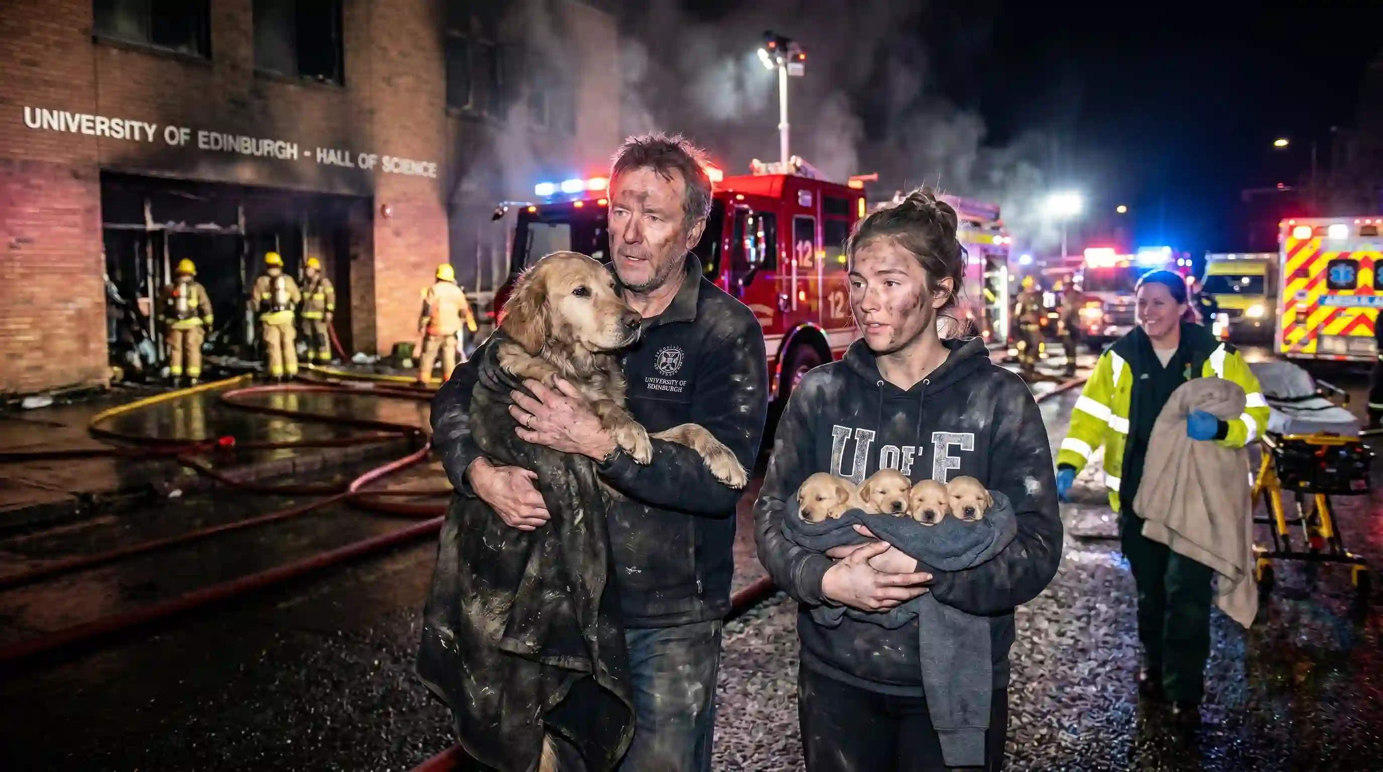 Professor Harrison and Elena carrying Sadie and her newborn puppies away from the burning building
