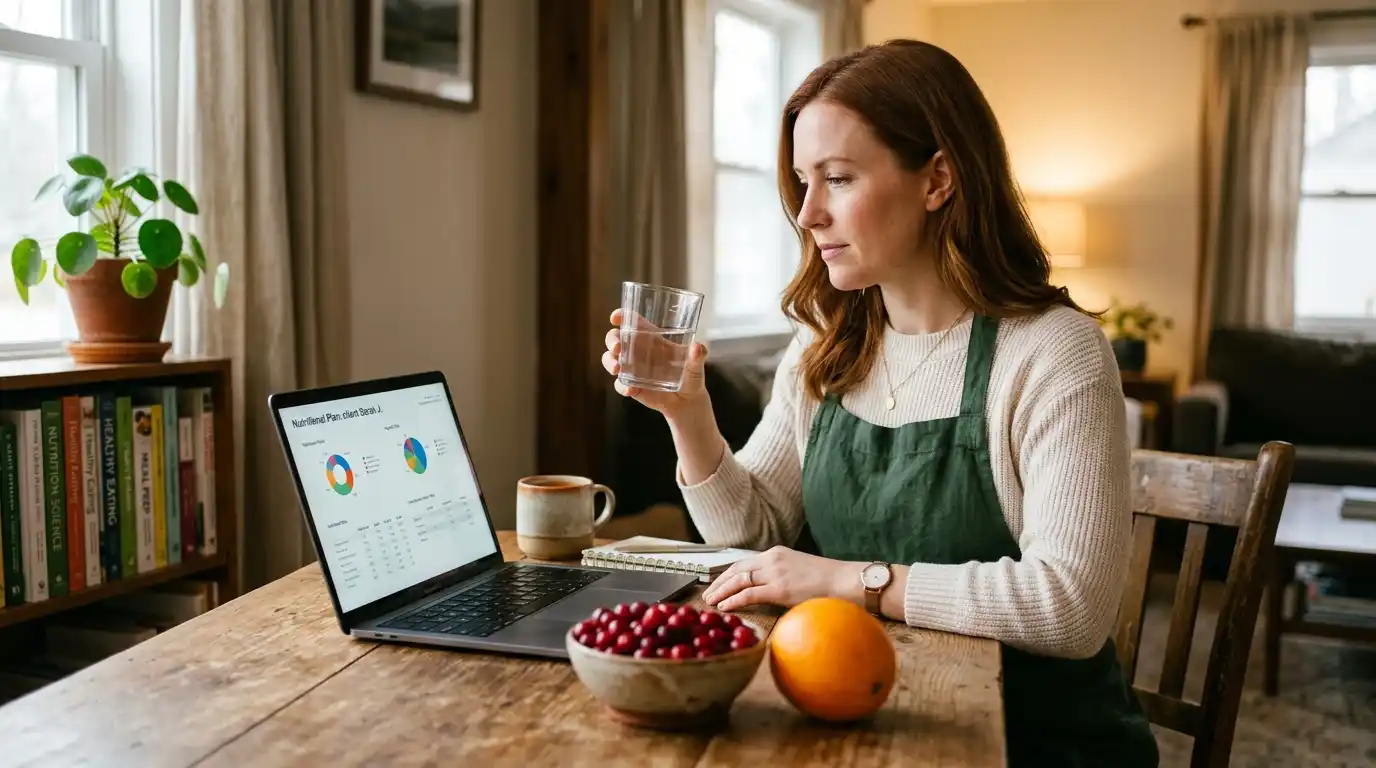 Nutritionist thoughtfully researching heart health on a laptop with a bowl of cranberries nearby