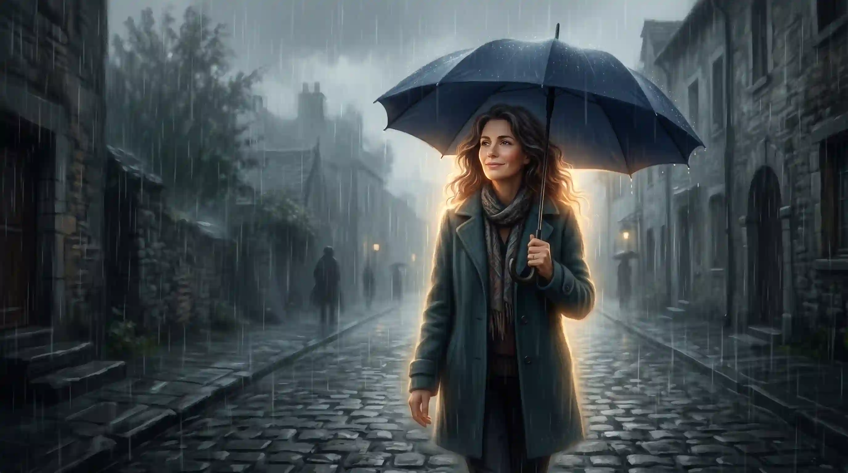 Illustration of a woman walking calmly with an umbrella through the rain